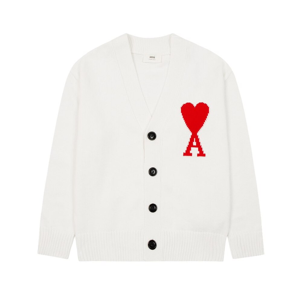 AMI Paris Oversized White Unisex Red Heart Cardigan